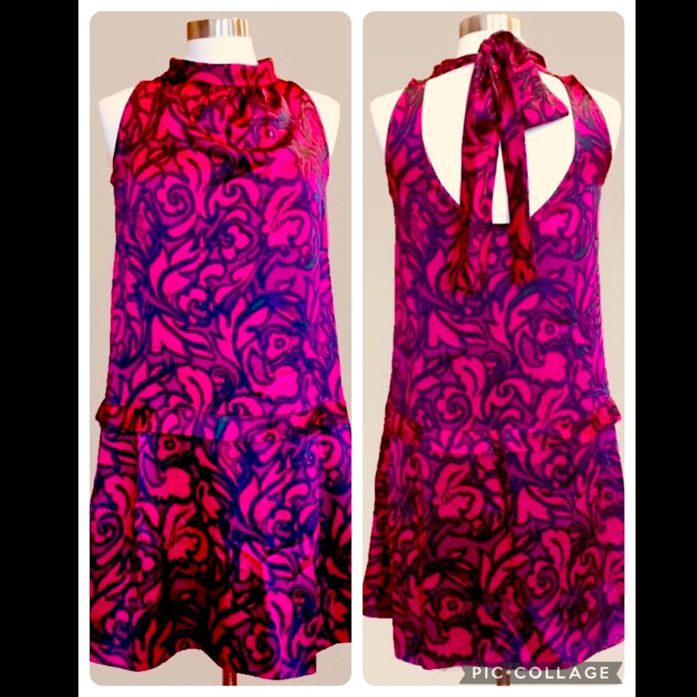 Marc Jacobs 100% Silk Floral Fuchsia Dropped Waist Cut Out Mini Dress size XS